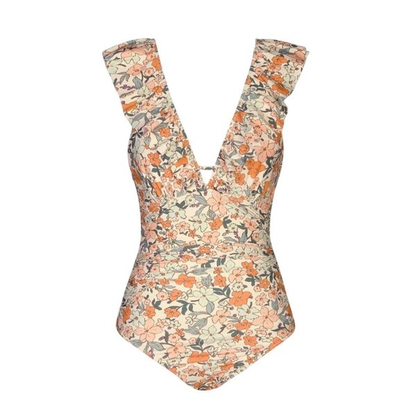 Cupshe Women’s Small Floral Ruffle One-Piece Swimsuit V-Neck Lace-Up Back Cheeky - Picture 3 of 8